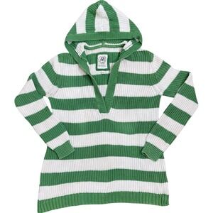 Vintage Merona Green White Striped Knit Sweater M Hooded V Neck Y2K Bella‎ Swan